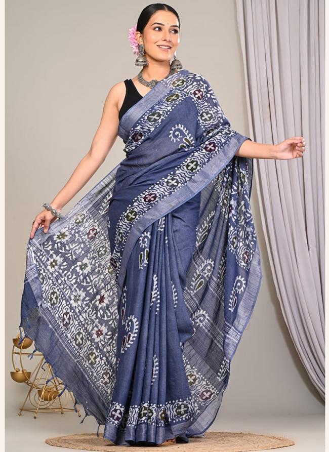 Linen Blue Casual Wear Printed Saree